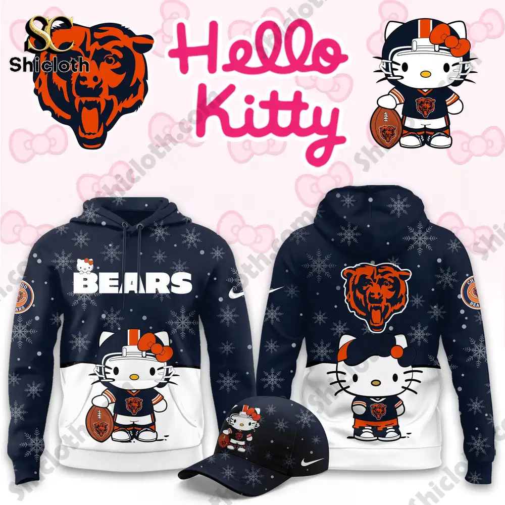 Close-up of a Chicago Bears x Hello Kitty hoodie featuring Hello Kitty in football gear, with a matching cap and snowy design.