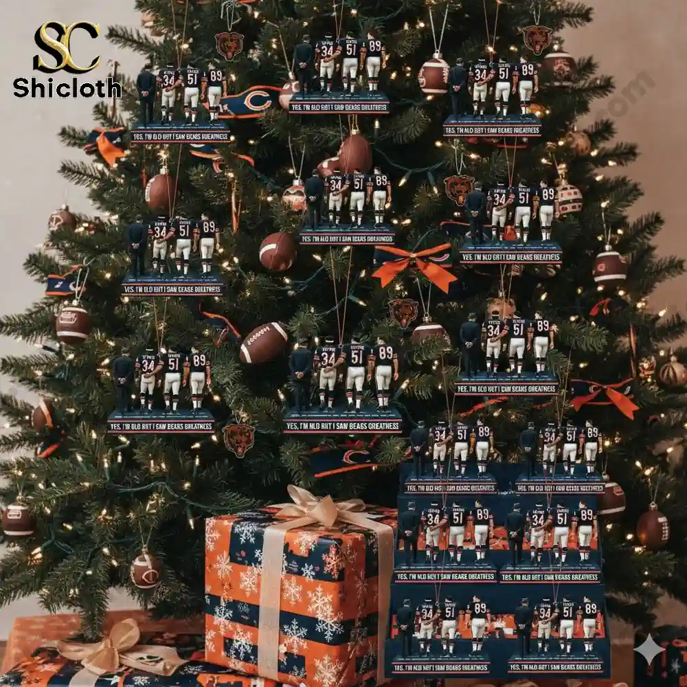 Christmas tree decorated with Chicago Bears themed ornaments featuring three football figures.
