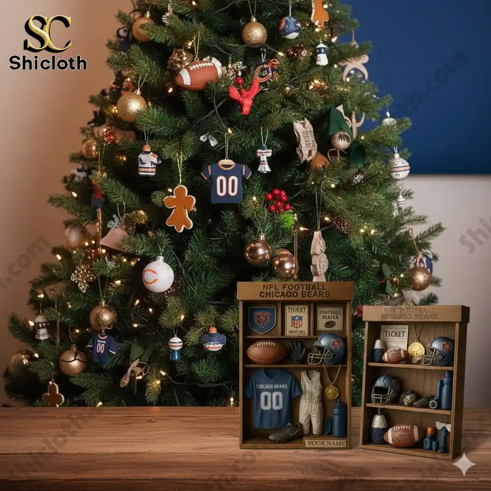 Chicago Bears themed Christmas tree ornament set displayed in front of a decorated tree.