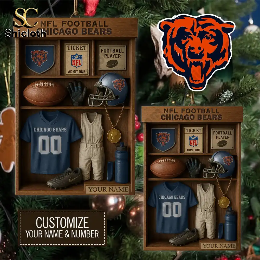 Close view of a Chicago Bears ornament box filled with miniature football themed items.