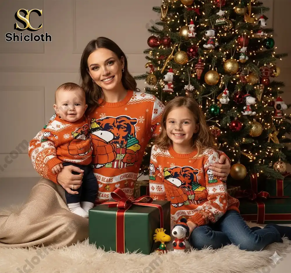 A family of three wearing Chicago Bears-themed Snoopy sweaters in front of a Christmas tree, with a baby, child, and mother smiling.