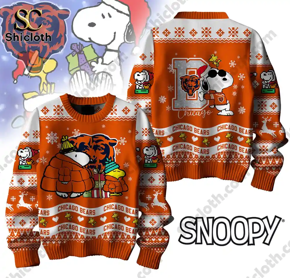 Close-up of a Chicago Bears Snoopy ugly sweater, featuring Snoopy in a cozy winter outfit with snowflakes and Bears logo.
