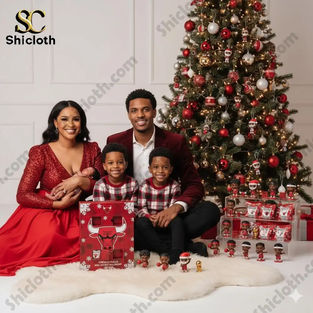 A family poses by a Christmas tree with a Chicago Bulls themed advent calendar and collectible mini player figures.