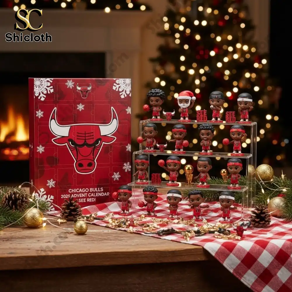 Chicago Bulls advent calendar box displayed with miniature player figures on a festive table.