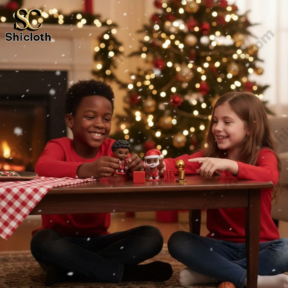 Chicago Bulls 2025 Advent Calendar 3 Children play with Chicago Bulls mini figures at a table in front of a decorated Christmas tree.