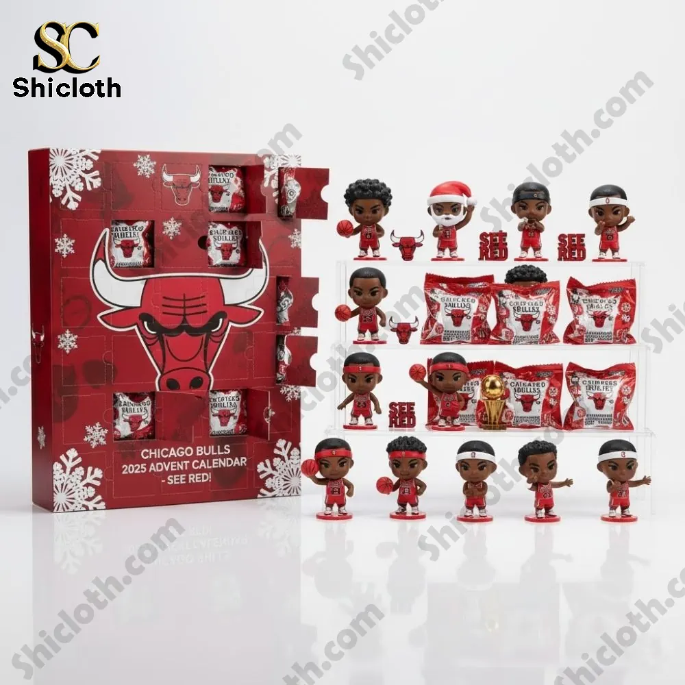 Chicago Bulls 2025 Advent Calendar 4 Product shot of the Chicago Bulls advent calendar box with all mini figures arranged on a white background.