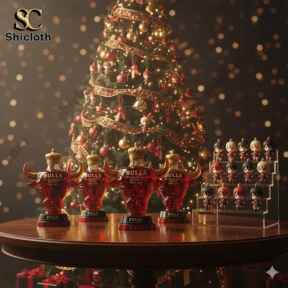 Red bull head shaped bottles on a table before a glowing Christmas tree with small figures beside them!