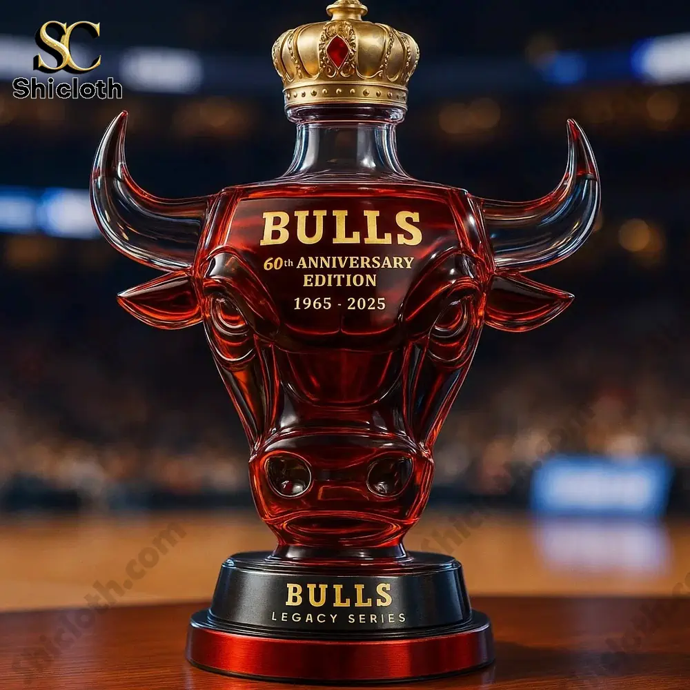 This image shows four red bull head shaped bottles lined across a round wooden table in front of a tall Christmas tree filled with warm lights and ornaments! A clear stand of tiny sports styled figures stands to the side creating a playful scene for fans! The setting highlights the Shicloth focus on creative team inspired decor pieces that bring holiday energy to any room!