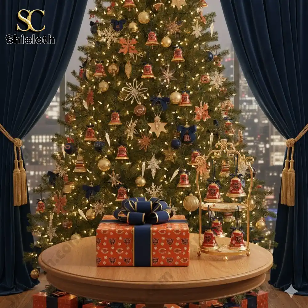A Christmas tree decorated with Chicago Bears bell ornaments, golden stars, and blue ribbons, with wrapped gifts on a wooden table.