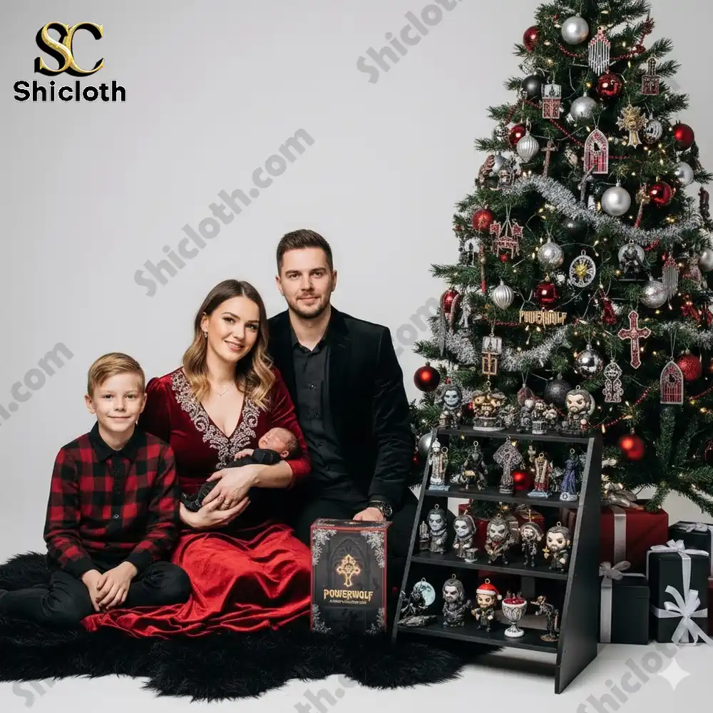 Family posing beside a Christmas tree decorated with Powerwolf ornaments and the Powerwolf Advent Calendar 2025 display!
