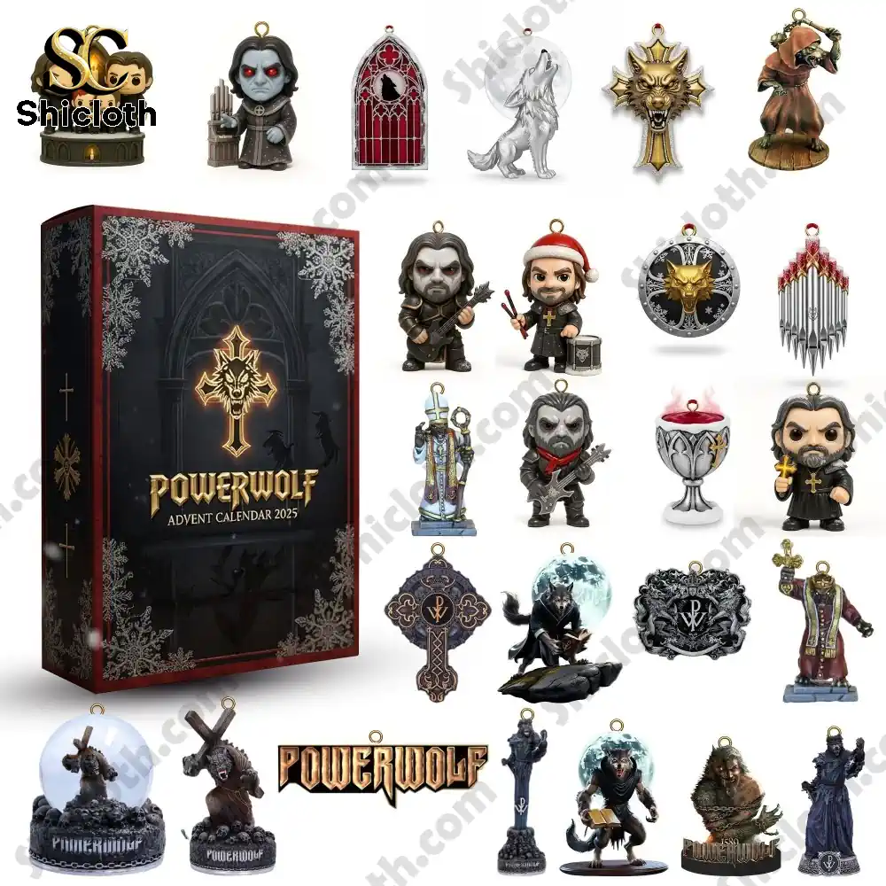 Christmas Powerwolf Band Advent Calendar 2025 4 Complete set of Powerwolf Advent Calendar 2025 collectibles and ornaments displayed next to the box!