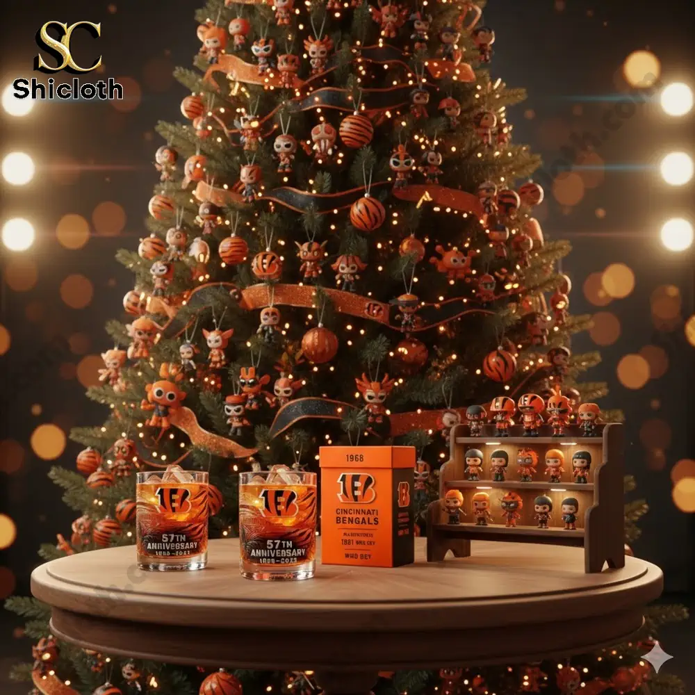 A Christmas tree decorated with orange themed Bengals ornaments and lights with glasses and collectibles on a table.