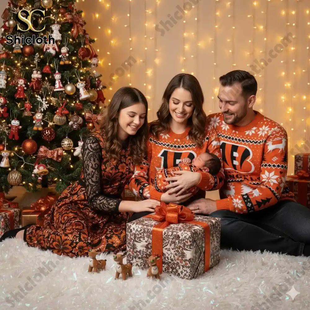 A family of four dressed in matching orange Bengals Christmas sweaters posing together in front of a Christmas tree with a newborn baby.