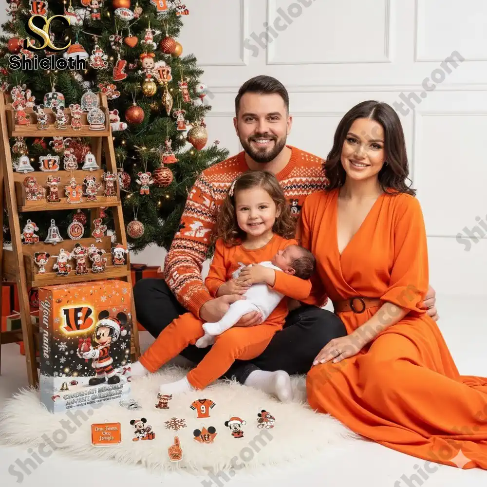 Family in orange outfits posing beside a Christmas tree with a Cincinnati Bengals x Mickey Mouse Advent calendar!