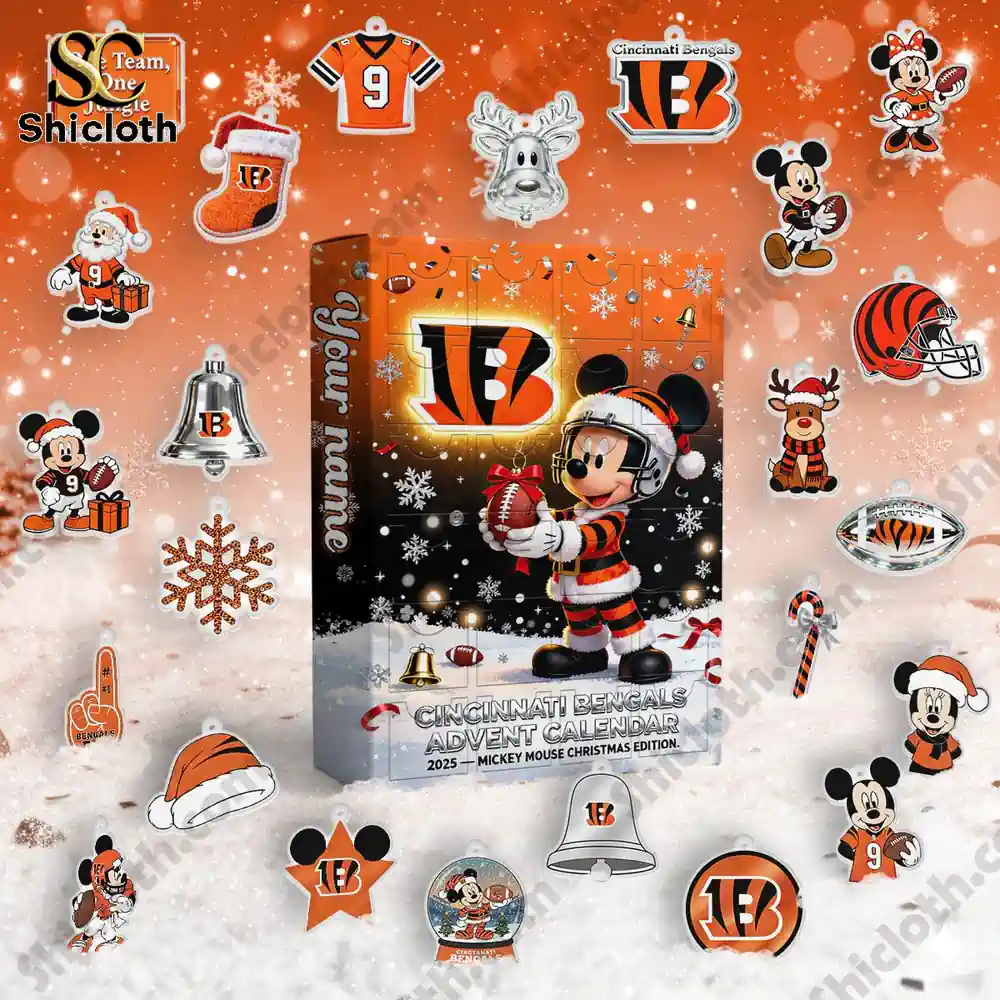 Cincinnati Bengals x Mickey Mouse Custom Name Advent Calendar 2025 3 Cincinnati Bengals x Mickey Mouse Advent Calendar box surrounded by themed ornaments on snow background!