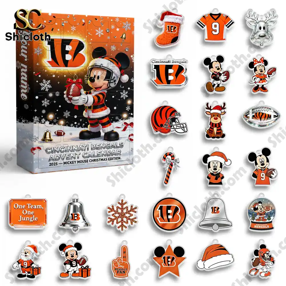 Cincinnati Bengals x Mickey Mouse Custom Name Advent Calendar 2025 4 Cincinnati Bengals x Mickey Mouse Advent Calendar with full collection of themed ornaments displayed!