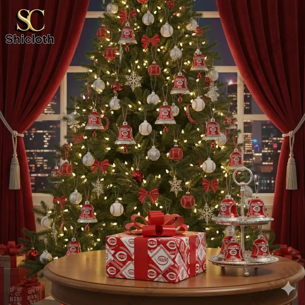 A Christmas tree decorated with Cincinnati Reds anniversary bell ornaments, glowing lights, and red gift boxes in a cozy room.