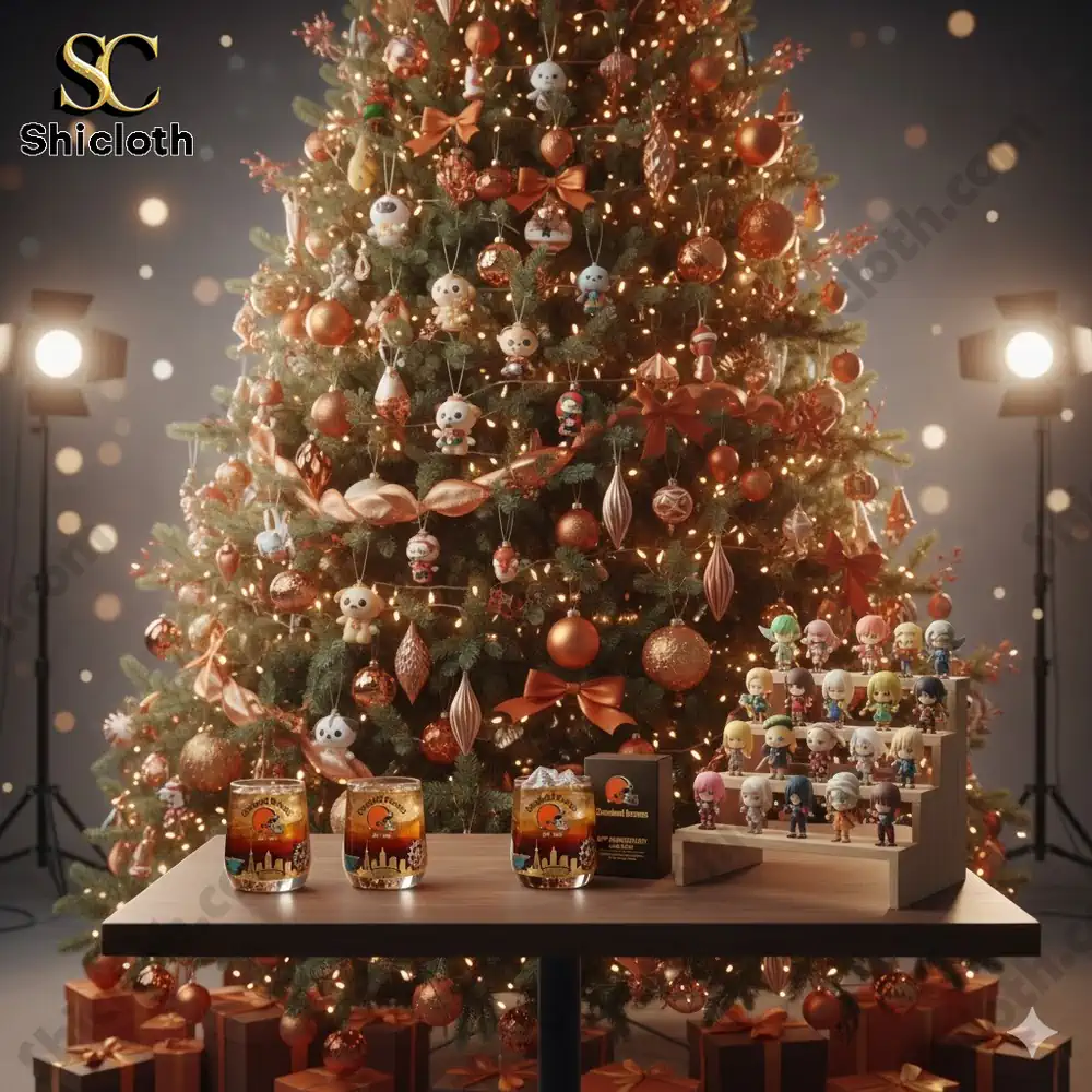 A large decorated Christmas tree with small character figures and gifts displayed on a table!