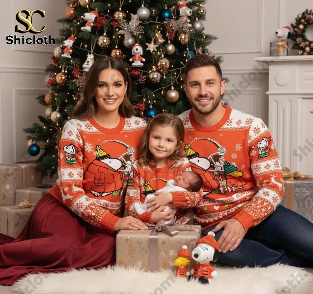 Family in matching Snoopy-themed sweaters under a Christmas tree holding a newborn and a child.