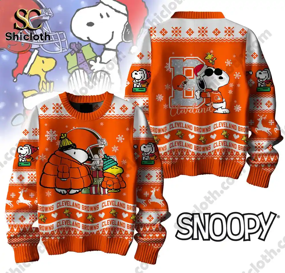 Cleveland Browns Snoopy Christmas sweater featuring Snoopy and Woodstock in holiday attire.