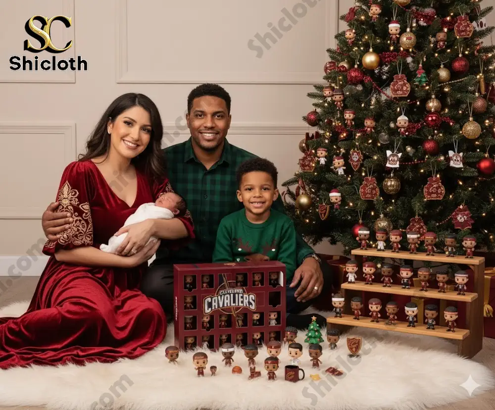 A smiling family with Cleveland Cavaliers figures and an advent calendar by a Christmas tree!
