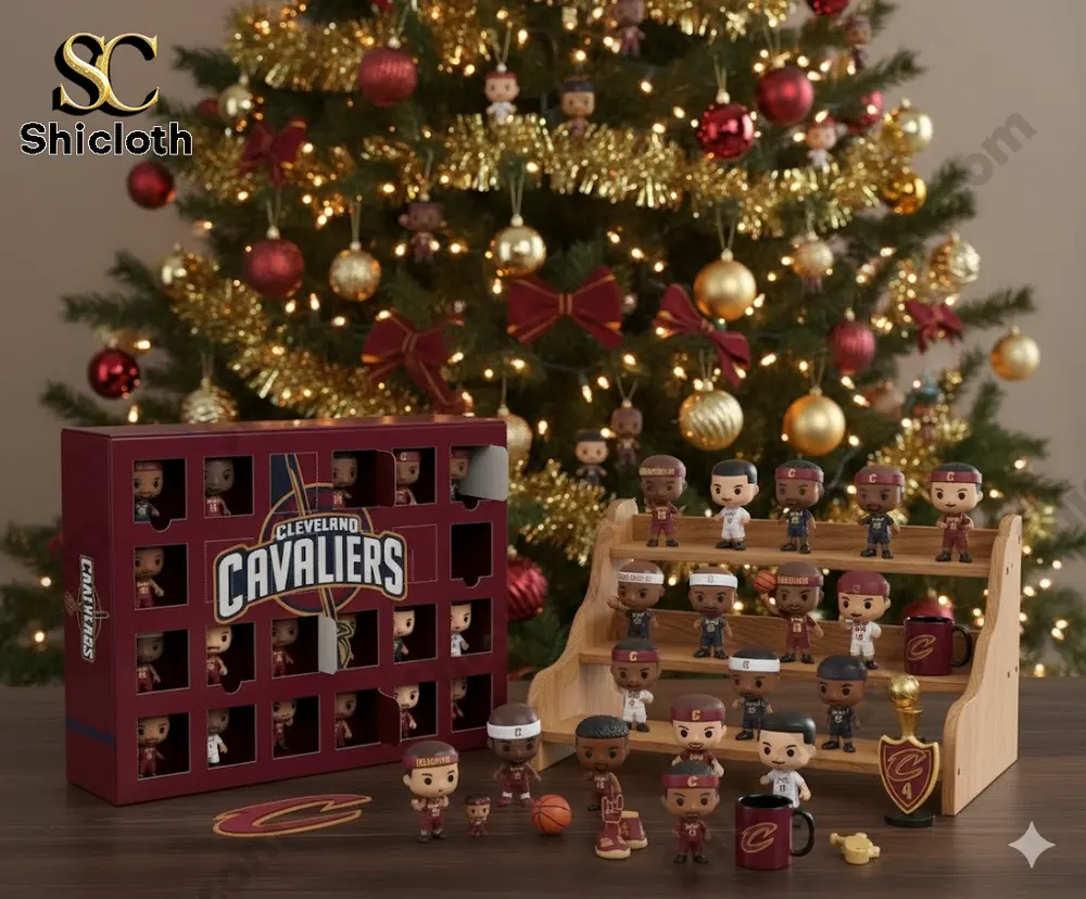 Cleveland Cavaliers mini figures and advent calendar display in front of a Christmas tree!