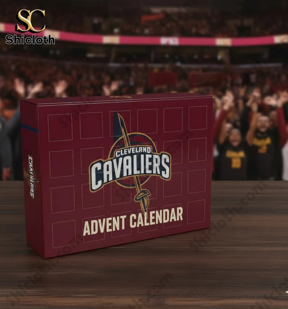 Cleveland Cavaliers Advent Calendar Cavs NBA 2025 4 Closed Cleveland Cavaliers advent calendar box on a wooden table with arena crowd backdrop!