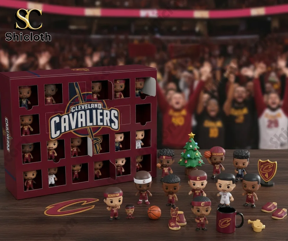 Cleveland Cavaliers Advent Calendar Cavs NBA 2025 5 Opened Cleveland Cavaliers advent calendar with mini figures and accessories on display!