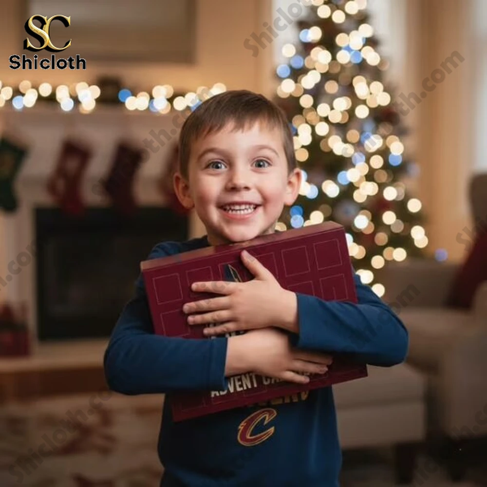 Cleveland Cavaliers Advent Calendar Cavs NBA 2025 3 A happy boy hugging a Cleveland Cavaliers advent calendar box in a festive living room!