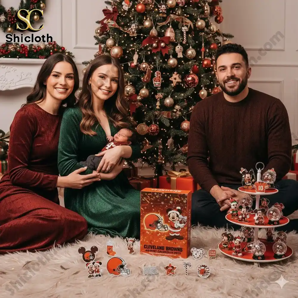 A family sitting by a Christmas tree with a Cleveland Browns Advent Calendar 2025 and themed ornaments.