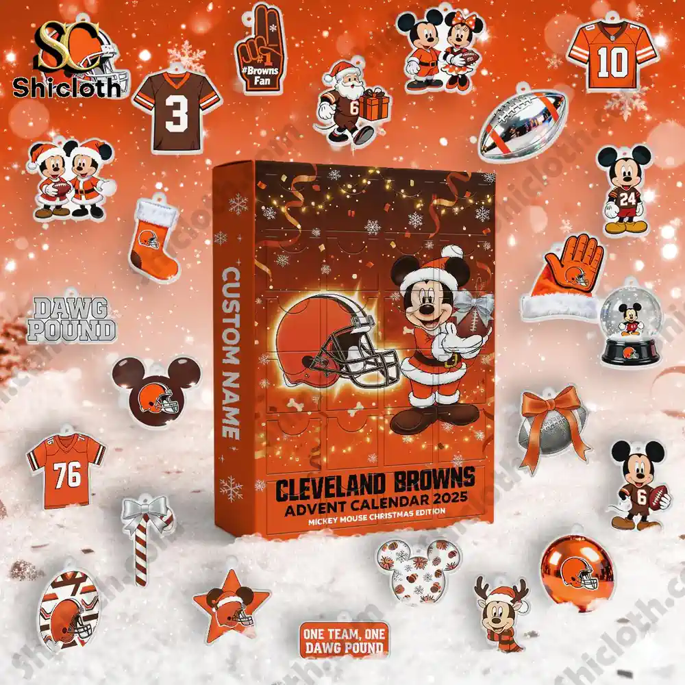 Cleveland Browns Mickey Mouse Custom Name Advent Calendar 2025 3 Cleveland Browns Advent Calendar 2025 with various themed mini ornaments on a snowy background.