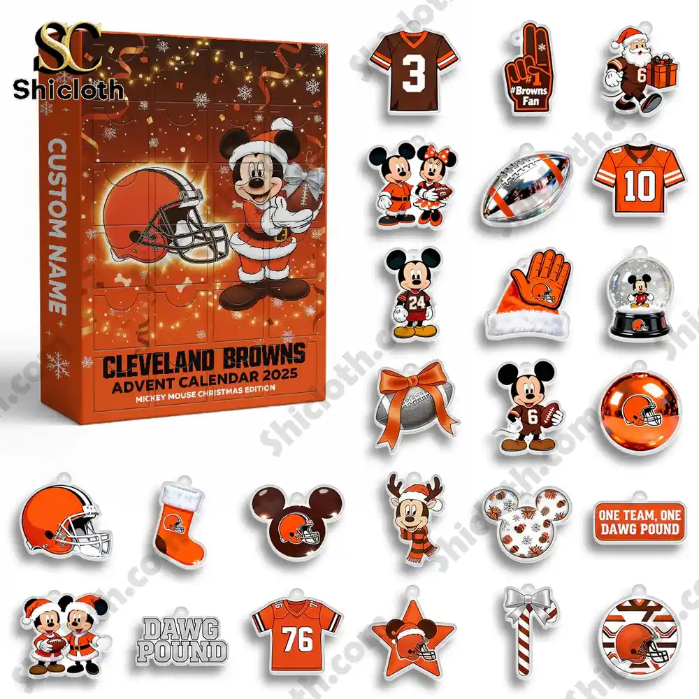 Cleveland Browns Mickey Mouse Custom Name Advent Calendar 2025 4 Cleveland Browns Advent Calendar 2025 and detailed themed ornaments displayed on a white background.