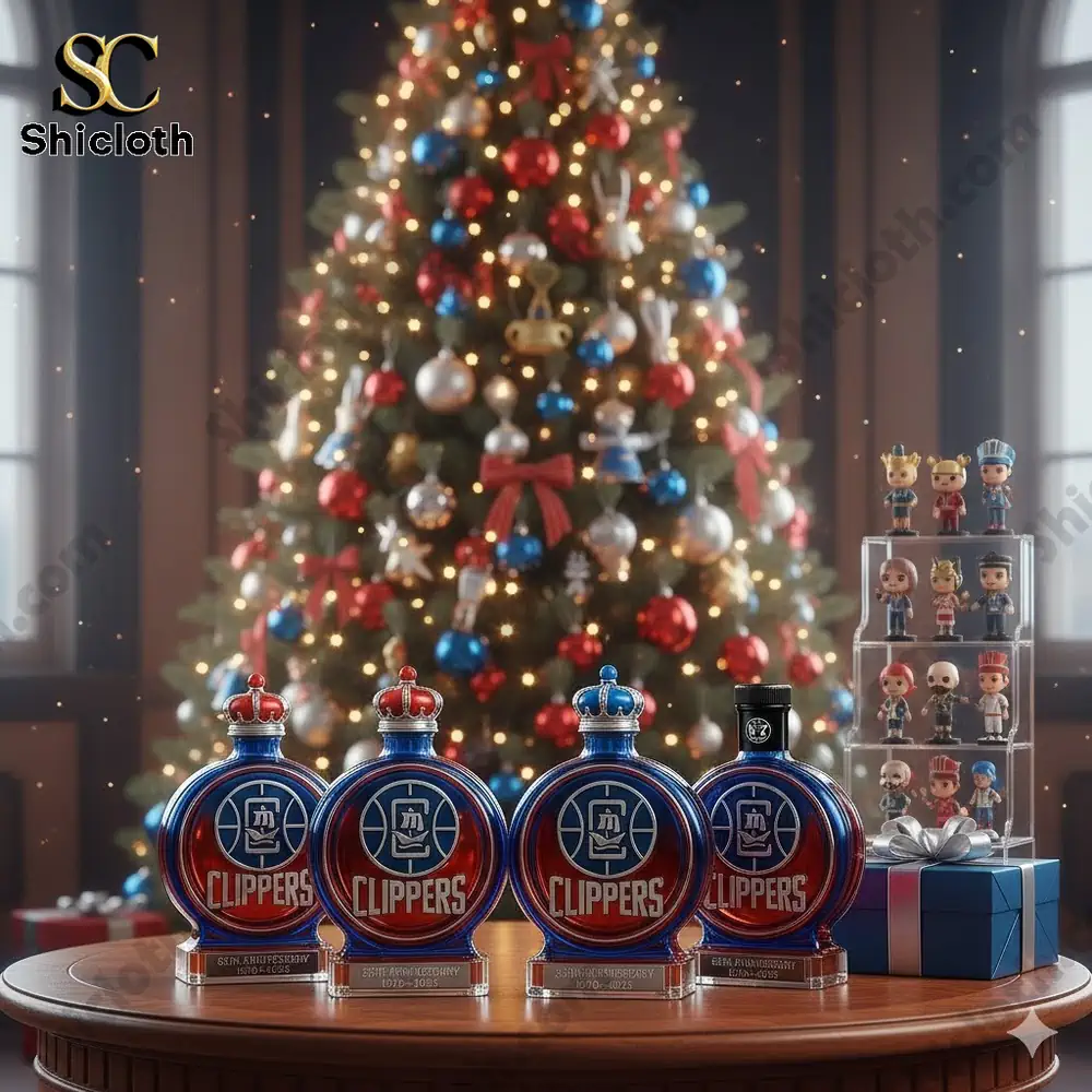 A festive Christmas setting with Clippers 55th Anniversary whiskey bottles in front of a beautifully decorated tree. Each bottle has a different cap, including a crown and a standard cap.