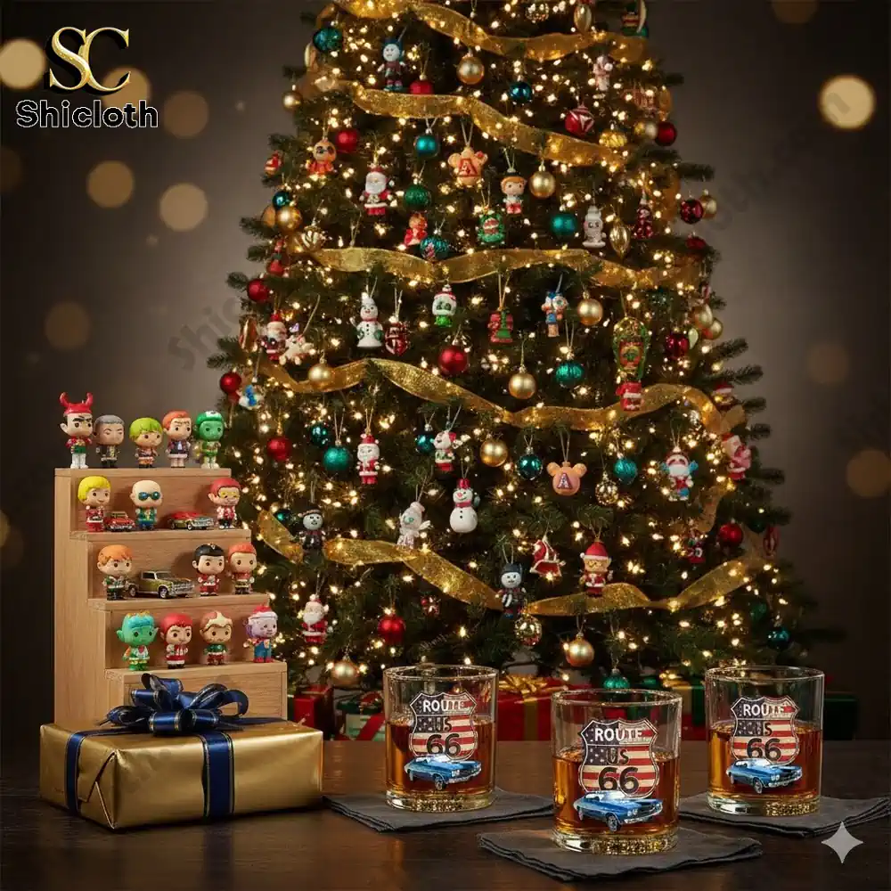 Christmas tree decorated with lights ornaments and small collectible figures with gifts and glasses on a table!