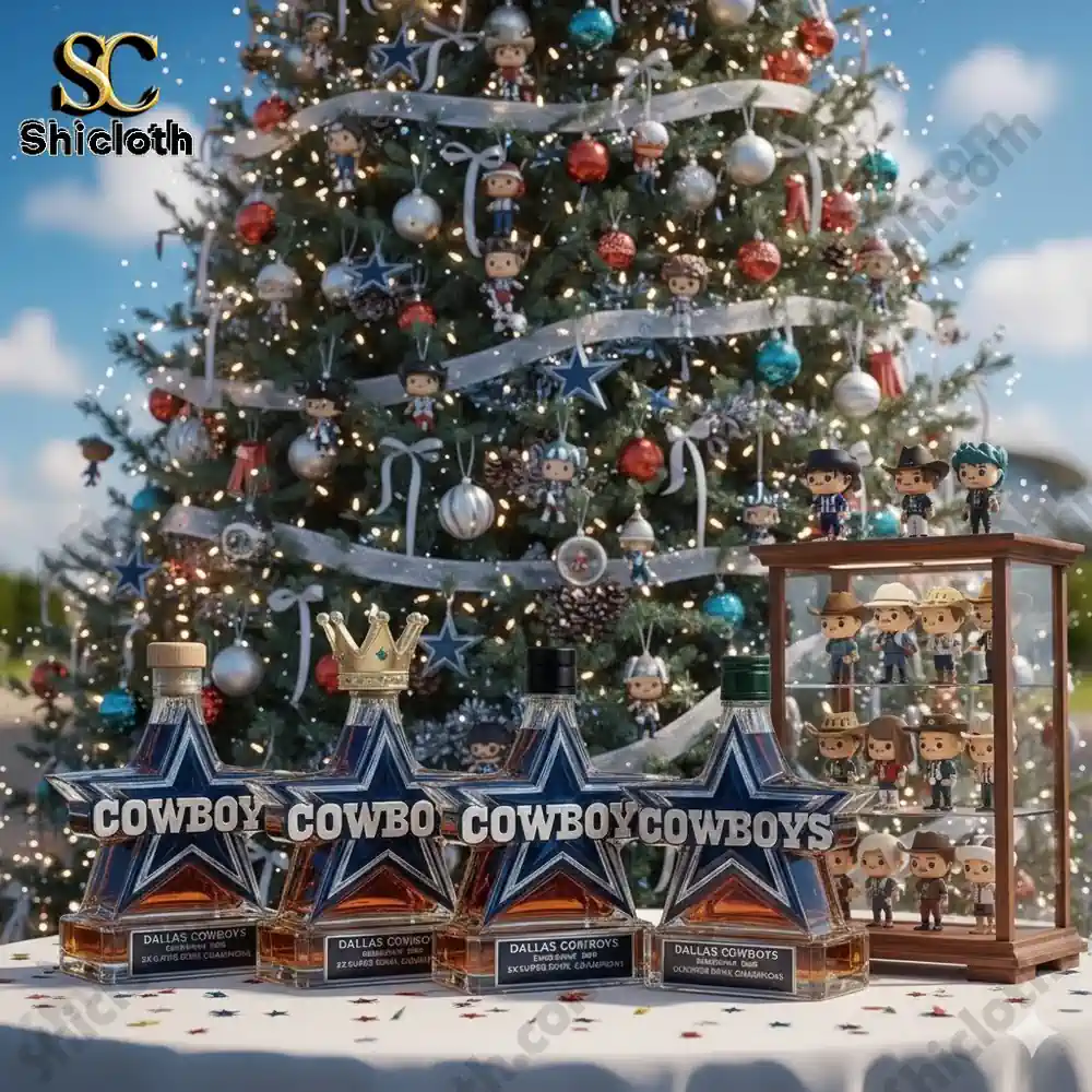 Dallas Cowboys star shaped whiskey bottles by Shicloth displayed in front of a decorated Christmas tree.