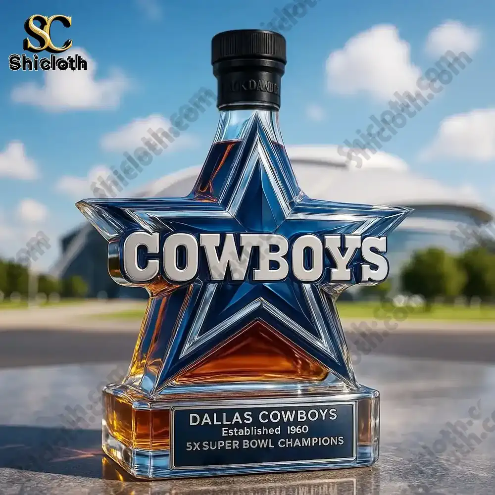 Shicloth Dallas Cowboys whiskey bottle with black cap.
