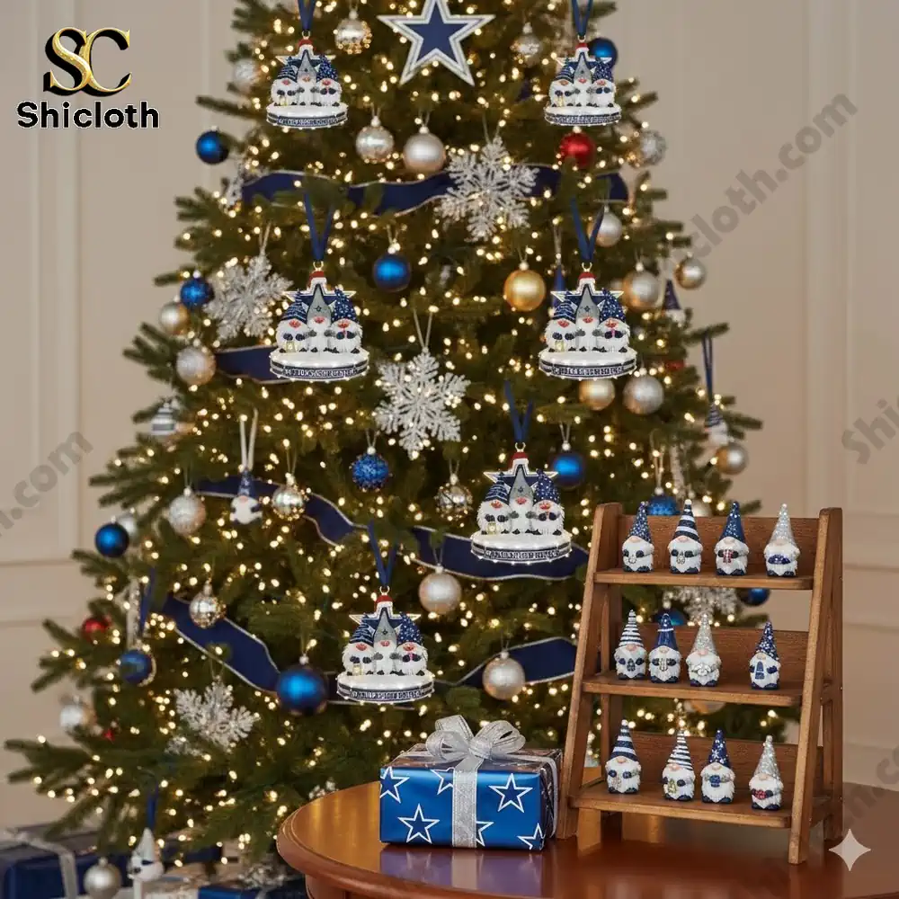Christmas tree decorated with Dallas Cowboys themed gnome ornaments and a small wooden display stand with matching figures!