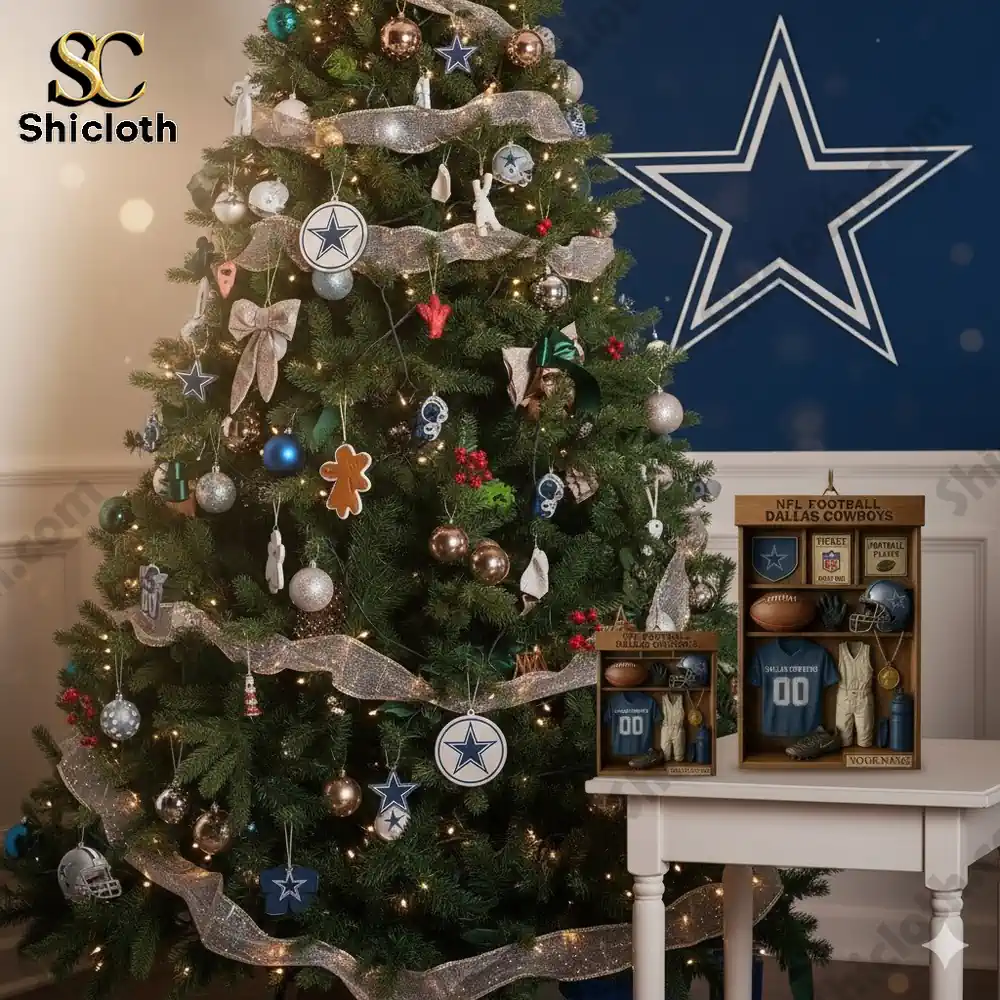Christmas tree decorated with Dallas Cowboys themed ornaments.