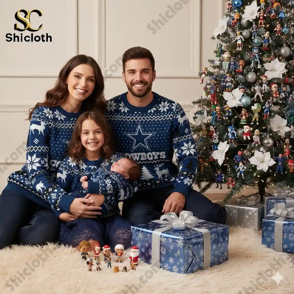 A family wearing Dallas Cowboys-themed Christmas sweaters, posing with a baby in front of a Christmas tree surrounded by gifts and festive decorations.