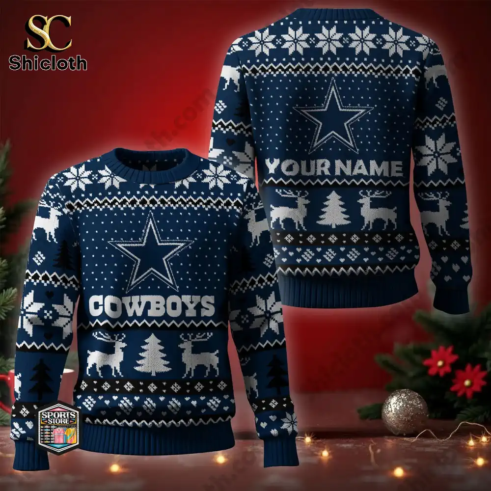 A Dallas Cowboys Christmas sweater featuring the Cowboys star, reindeer, trees, and an option for a customizable name.