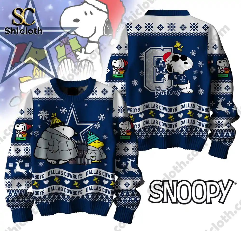 A front and back view of a Dallas Cowboys Snoopy ugly Christmas sweater featuring Snoopy, Woodstock, and the Dallas Cowboys logo.