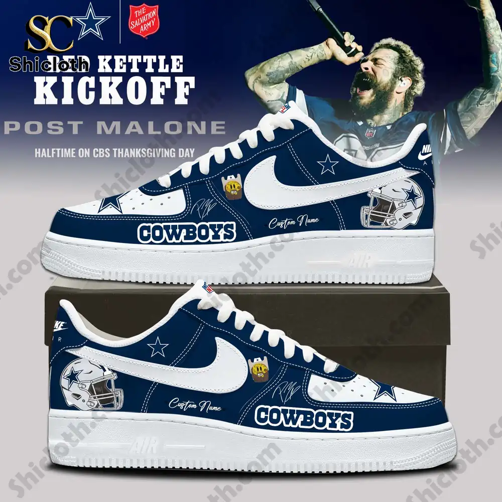 Dallas Cowboys themed shoes shown in front of a performer singing