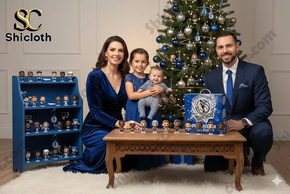 A family dressed in blue poses beside a Christmas tree with Dallas Mavericks NBA 2025 advent calendar figurines on a table.