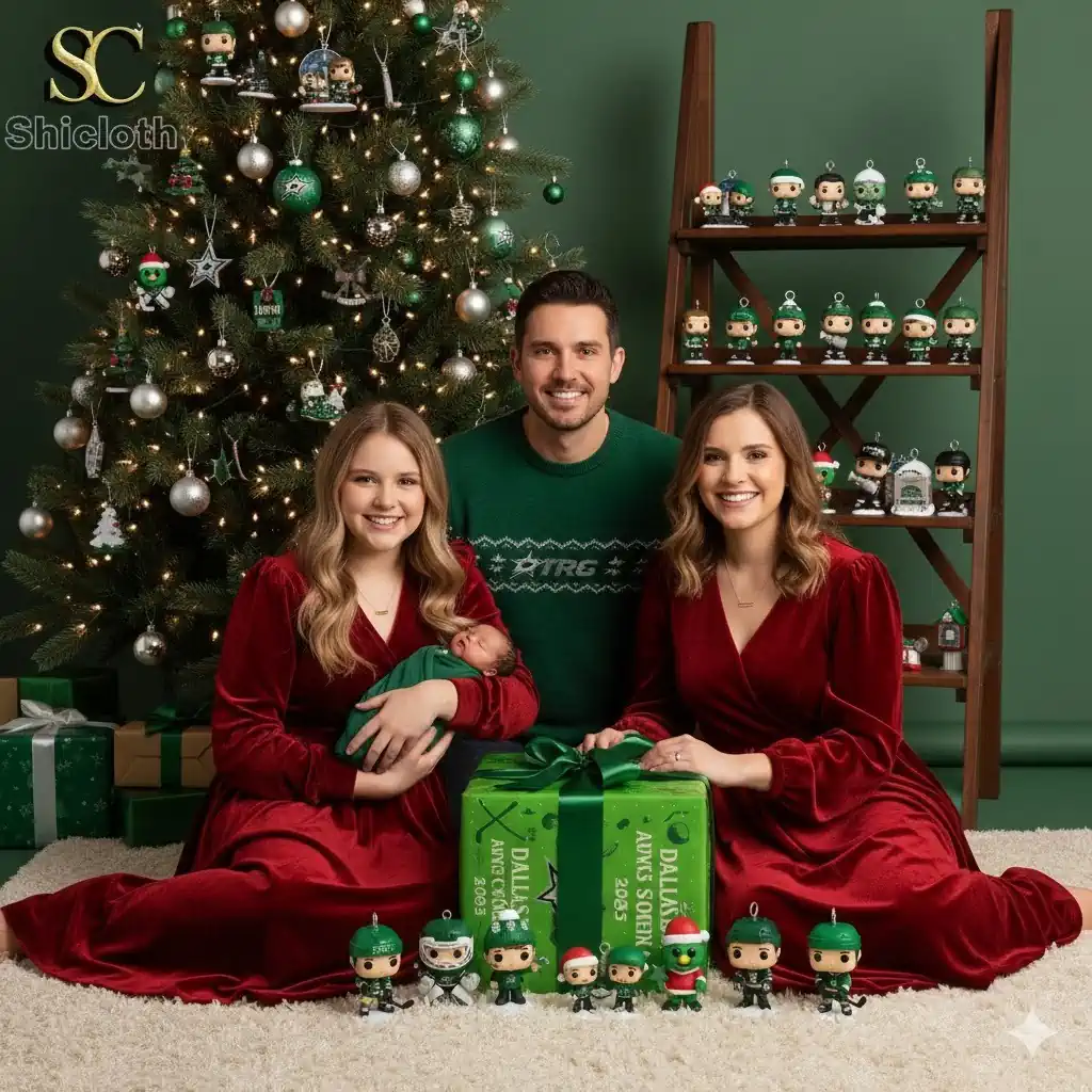 A family poses in front of a Christmas tree with Dallas Stars hockey figurines and gifts celebrating the 2025 season!