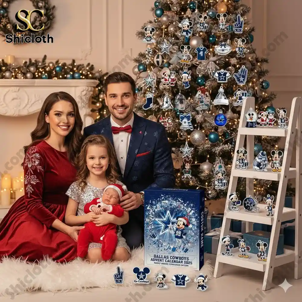 A family sitting by a Christmas tree decorated with Dallas Cowboys ornaments and a Shicloth Advent Calendar 2025.