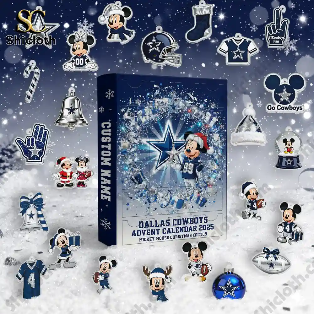 Dallas Cowboys Mickey Mouse Custom Name Advent Calendar 2025 3 Dallas Cowboys Advent Calendar 2025 with themed mini ornaments on a snowy background.