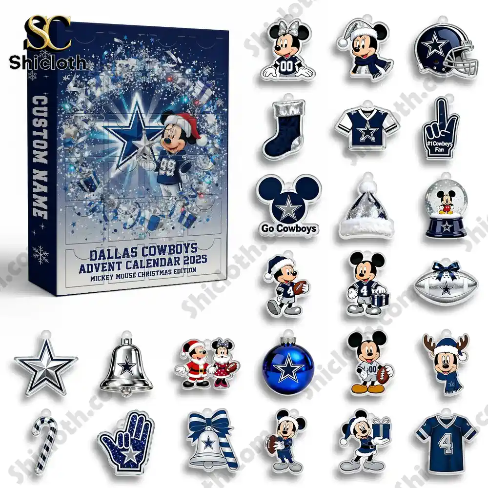 Dallas Cowboys Mickey Mouse Custom Name Advent Calendar 2025 4 Dallas Cowboys Advent Calendar 2025 with all themed ornaments displayed on a white background.