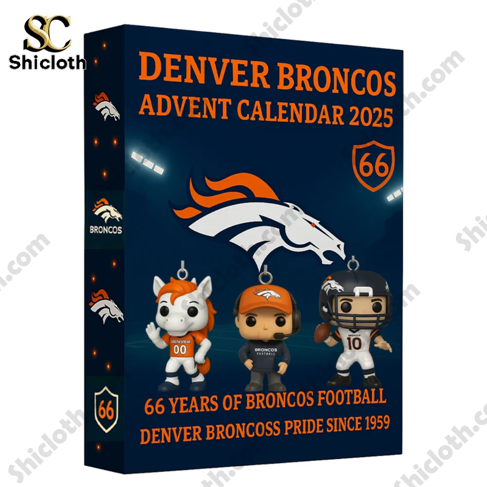 Close up of the Denver Broncos Advent Calendar 2025 box by Shicloth featuring mini character figures.