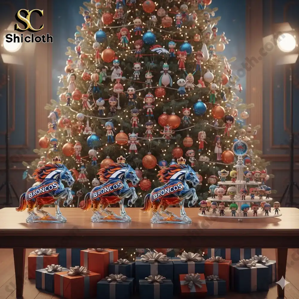 Three Denver Broncos horse shaped bottles on a table in front of a decorated Christmas tree and gifts!