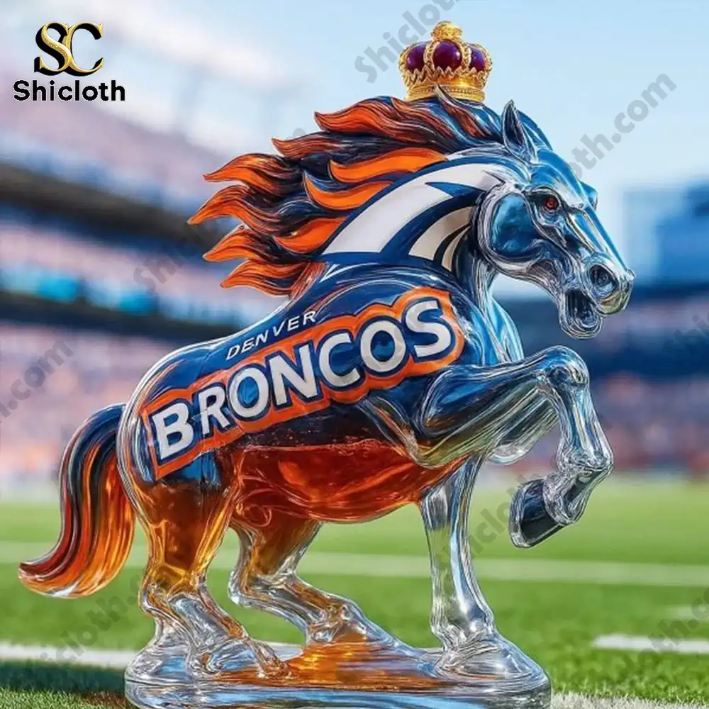 Denver Broncos horse shaped bottle with a crown displayed on a football field!